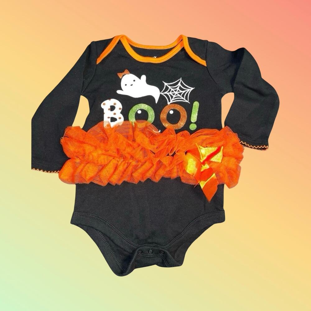Baby Girl 12M Halloween Ghost Tutu Set Black Orange Boo Outfit Way to Celebrate